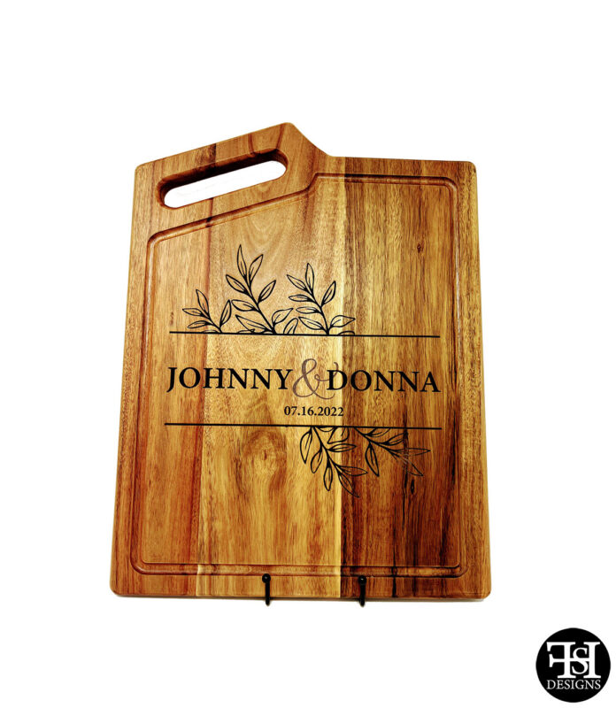 Personalized Acacia Cutting Board with "Johnny and Donna"