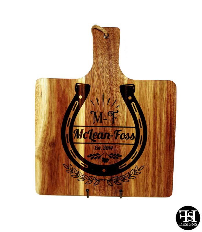 Personalized Acacia Handle Cutting Board with Horseshoe and "McLean-Foss"