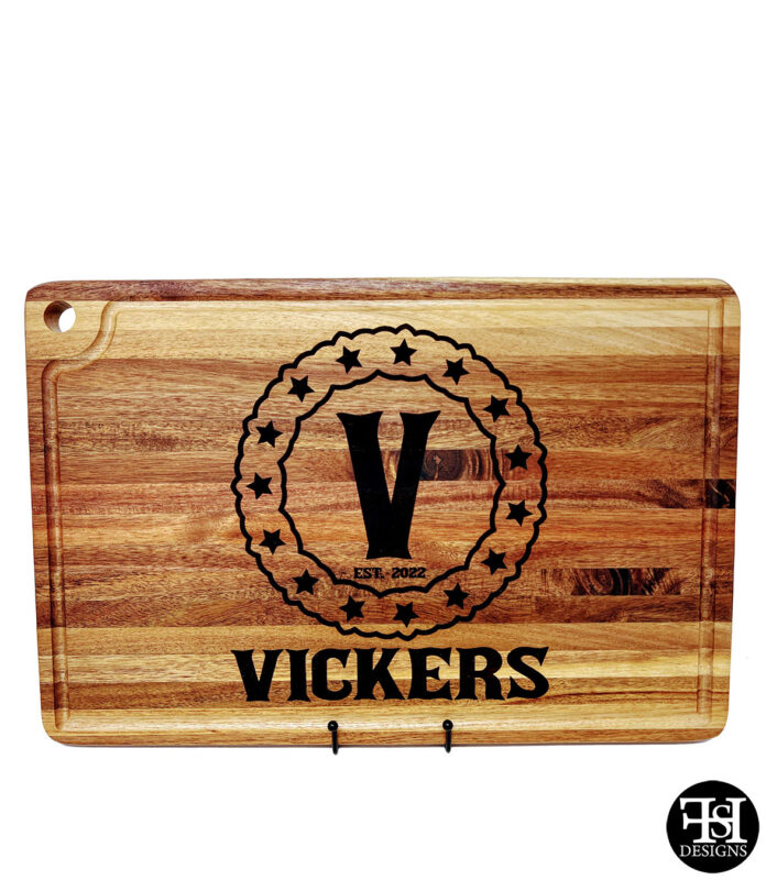 Personalized Acacia Cutting Board with "Vickers" Monogram