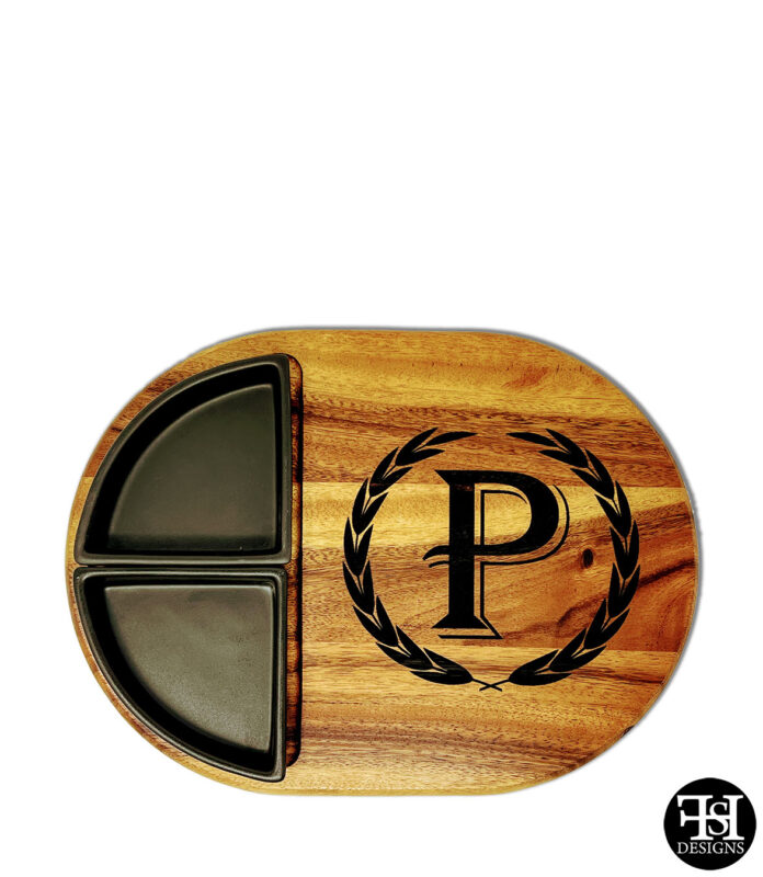 Personalized Charcuterie Board with Black Ceramic Bowls and a P Monogram