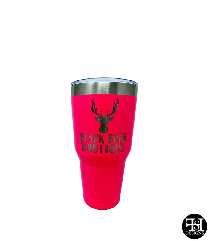 Personalized 30oz Pink Tumbler with Black Buck Boutique Logo