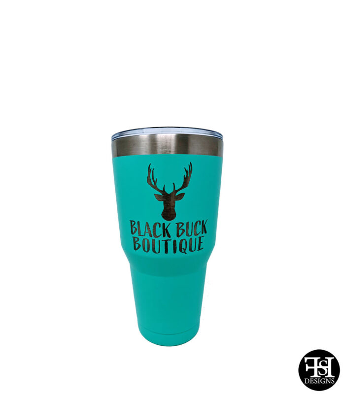 Personalized 30oz Turquoise Tumbler with Black Buck Boutique Logo