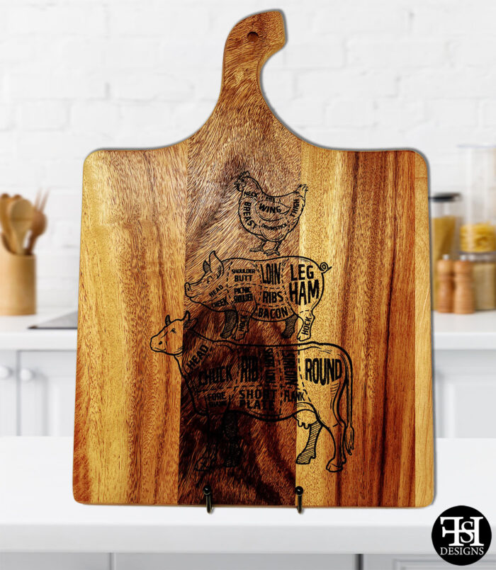 Cuts of Meats Outlined Large Curved Handle Acacia Wood Cutting Board