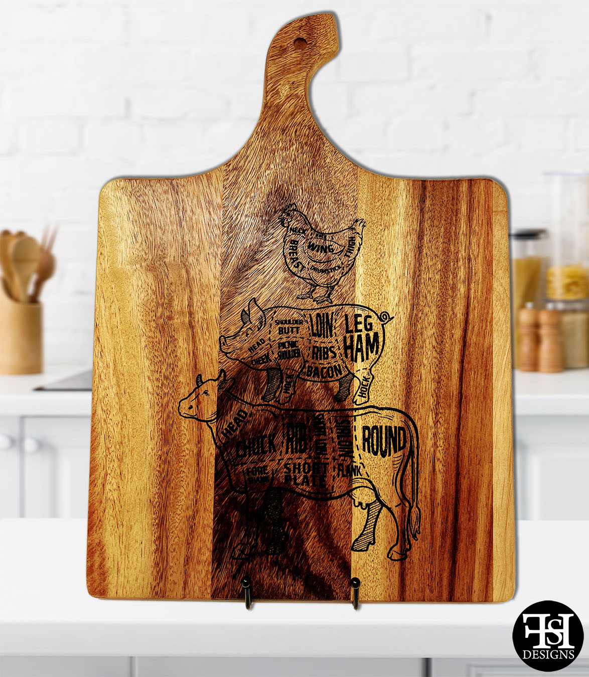 Cuts of Meats Outlined Large Curved Handle Acacia Wood Cutting Board - FHS  Designs - Custom Woodworking. CNC and Laser Engraving