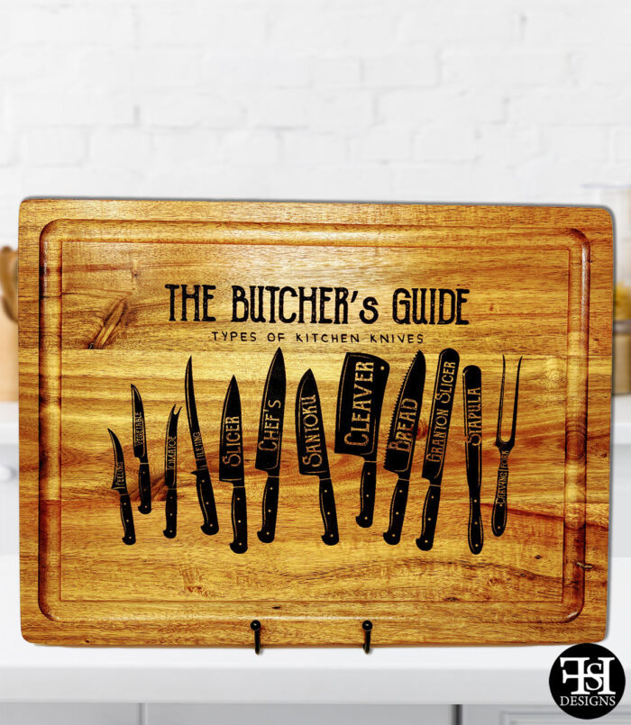 "The Butcher's Guide Types of Kitchen Knives" Acacia Wood Cutting Board