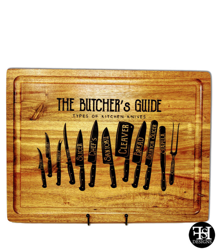 "The Butcher's Guide Types of Kitchen Knives" Acacia Wood Cutting Board