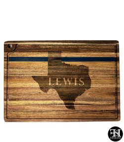 Personalized "Lewis" Texas Silhouette Acacia Cutting Board with Blue Line
