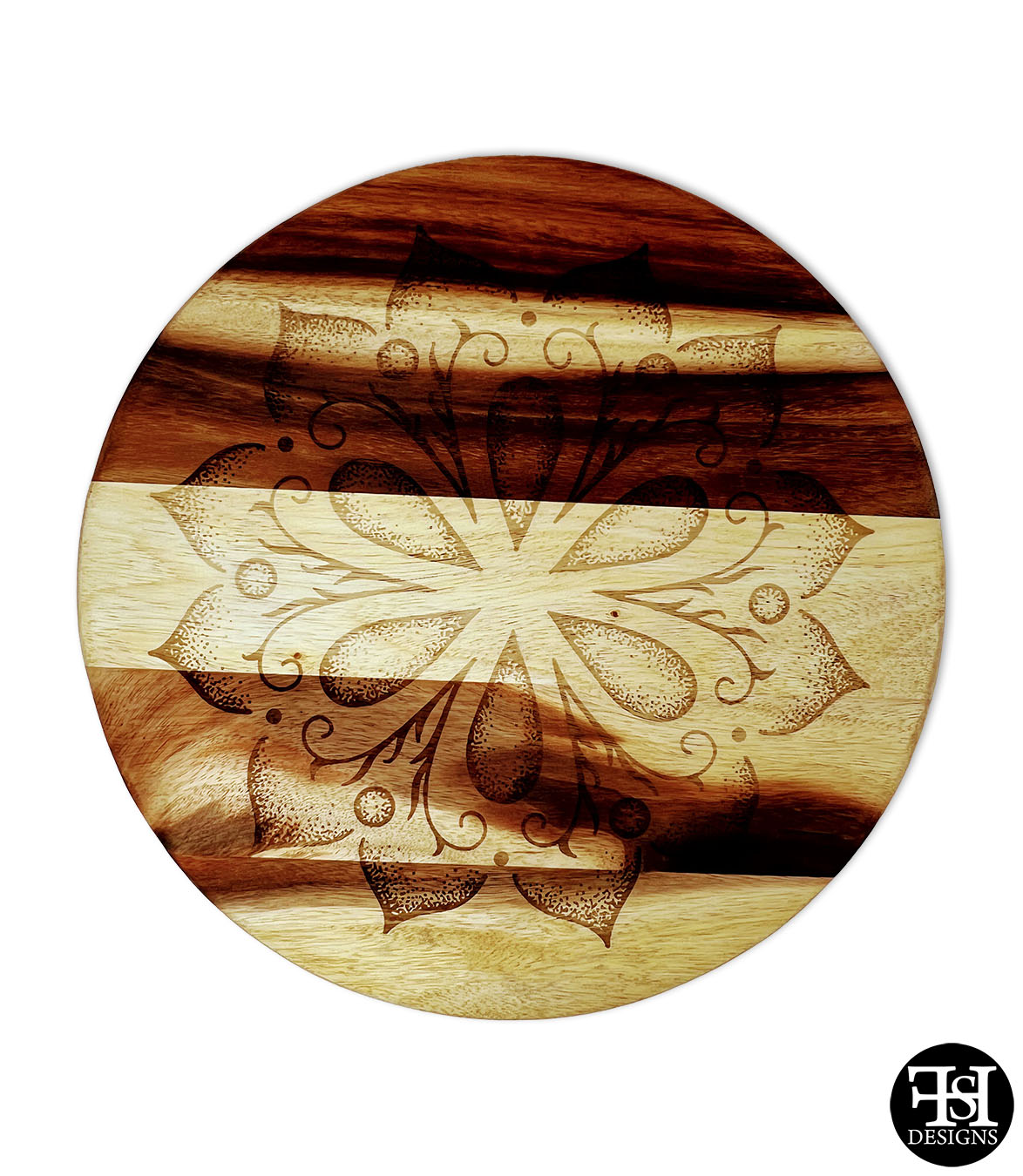 Artistic Floral Pattern Wood Lazy Susan - FHS Designs - Custom Woodworking.  CNC and Laser Engraving