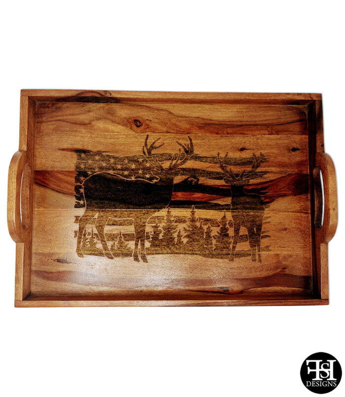 Deer American Flag Acacia Wood Tray