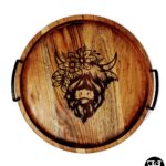 Floral Highland Cow Acacia Round Serving Tray