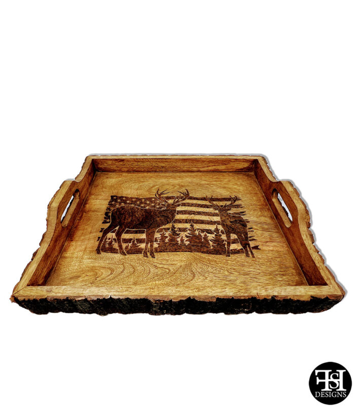 Deer American Flag Rustic Bark Finish Serving Tray