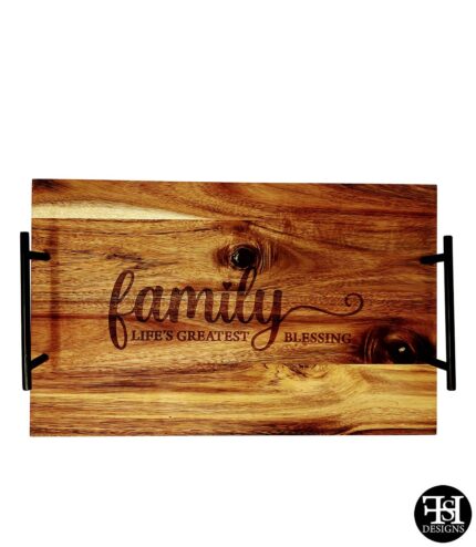 "Family - Life's Greatest Blessing" Metal Handle Acacia Wood Serving Tray