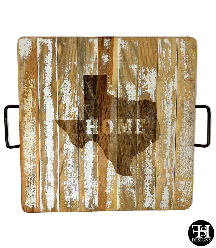 Texas "Home" Rustic Whitewash Tray with Metal Handles