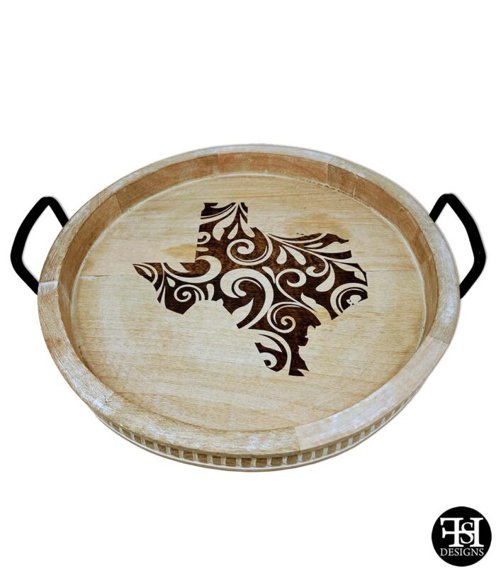 Texas Leaf Scroll Silhouette Whitewash Tray with Metal Handles