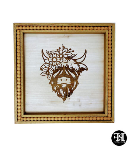 Floral Highland Cow Sign with Beaded Frame