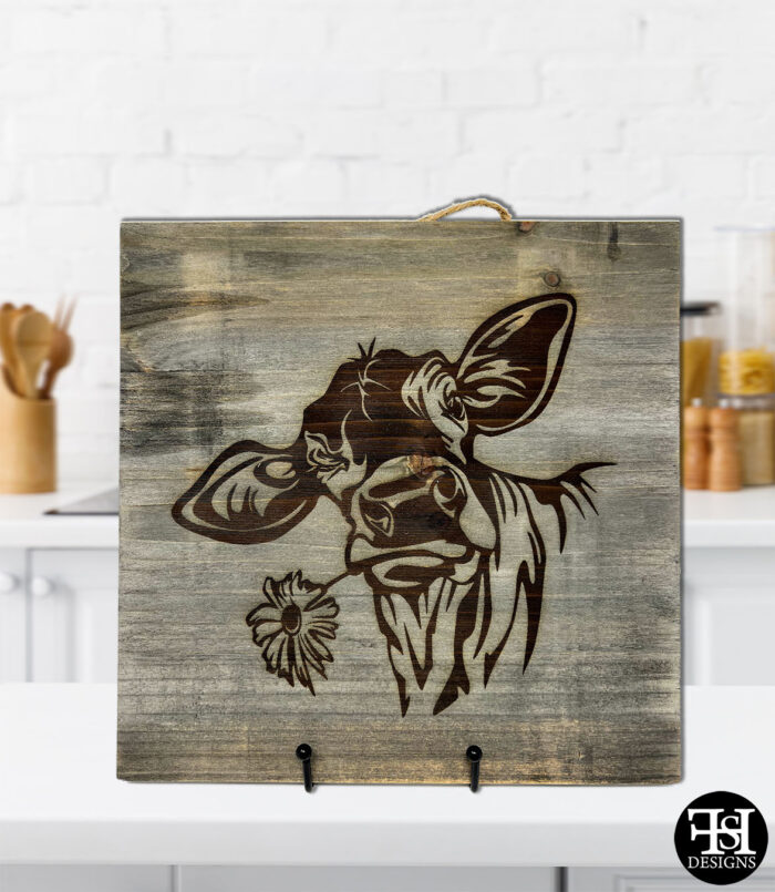 Flower Cow Graywash Wood Sign