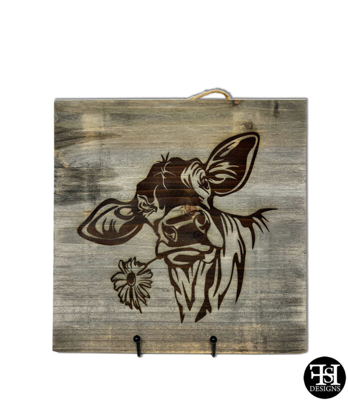 Flower Cow Graywash Wood Sign