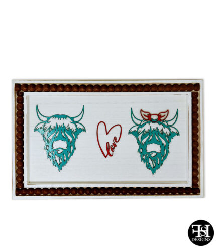 Highland Cows "Mr. & Mrs. In Love" Sign with Beaded Border