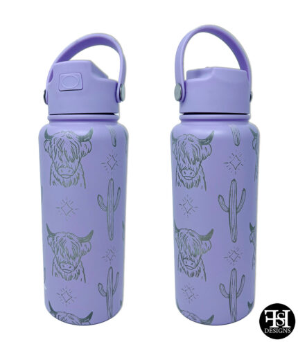 Highland Cows and Cactus Pattern Full Wrap Purple Insulated Jug