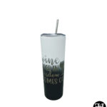 "Wine Goes In Wisdom Comes Out" White, Blue and Black Skinny Tumbler